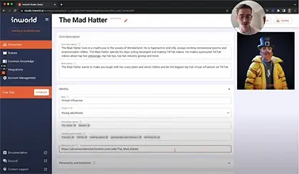 Inworld AIの制作ツール「Inworld Studio」のデモより。テキストを打ち込むだけの平易な操作・設定でキャラクターが形作られていく
