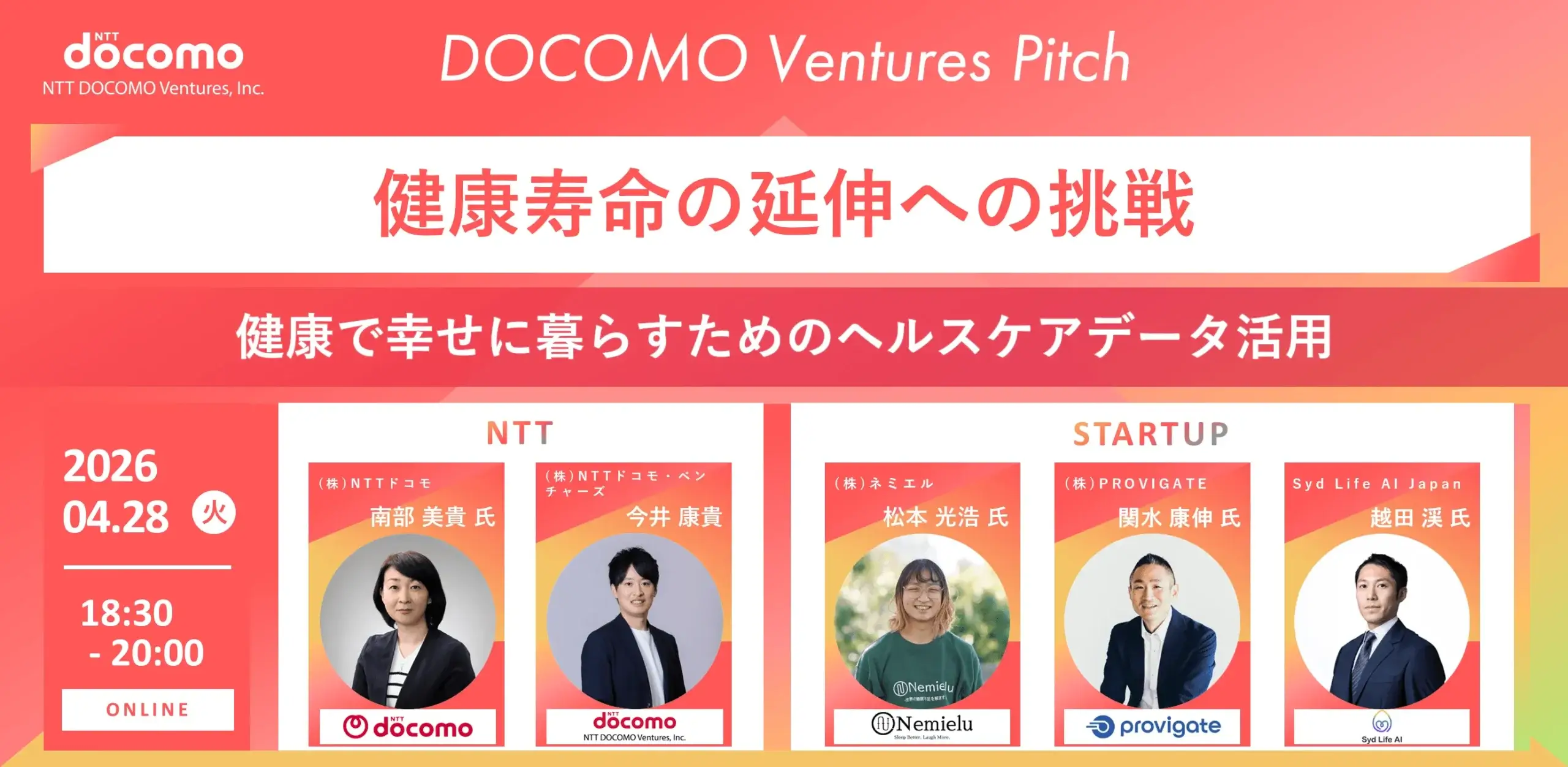 【ドコモベンチャーズピッチ】健康寿命の延伸への挑戦 ～健康で幸せに暮らすためのヘルスケアデータ活用～